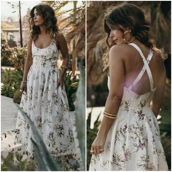 Brock Collection x H&M cream floral cross back midi dress XS 0 2 linen lyocell - Picture 2 of 16